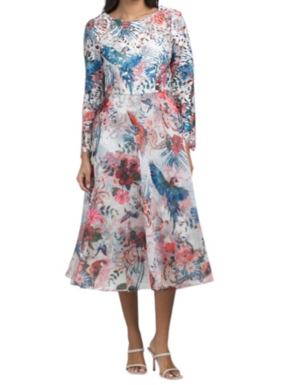MARCHESA Long Sleeve Floral Print Midi Dress